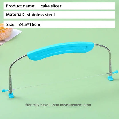 Blue adjustable stainless steel cake slicer with plastic handle wire baking tool by decorbites for precise slicing