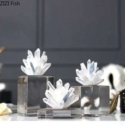 Clear quartz crystal clusters with blue inclusions on mirrored bases for decorbites agate stone crystal sculpture living room decor