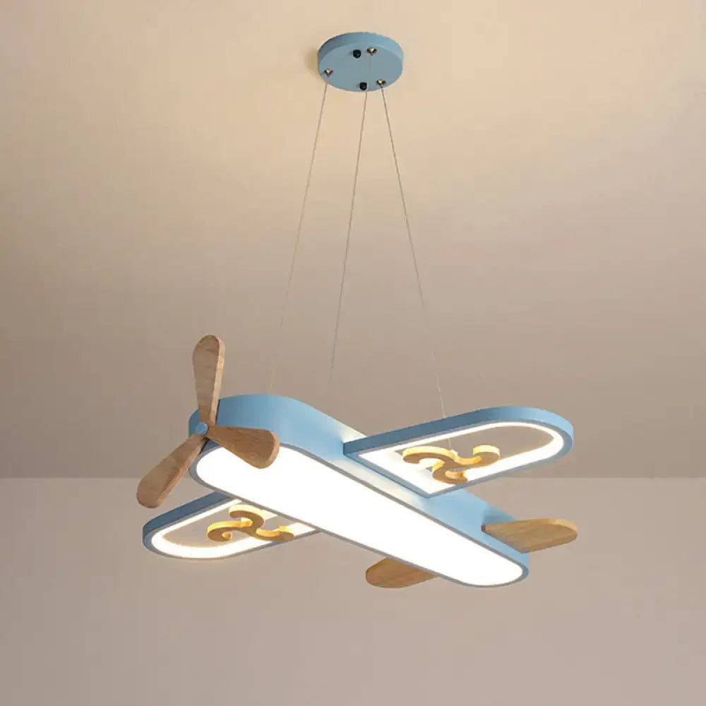 Blue airplane led chandelier bedroom light with wooden propeller and gold swirls featuring remote control stepless dimming