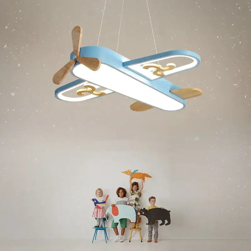 Blue airplane led wood ceiling light for kids bedroom with light blue airplane pendant, wooden propellers, and gold swirls decorbites led wood