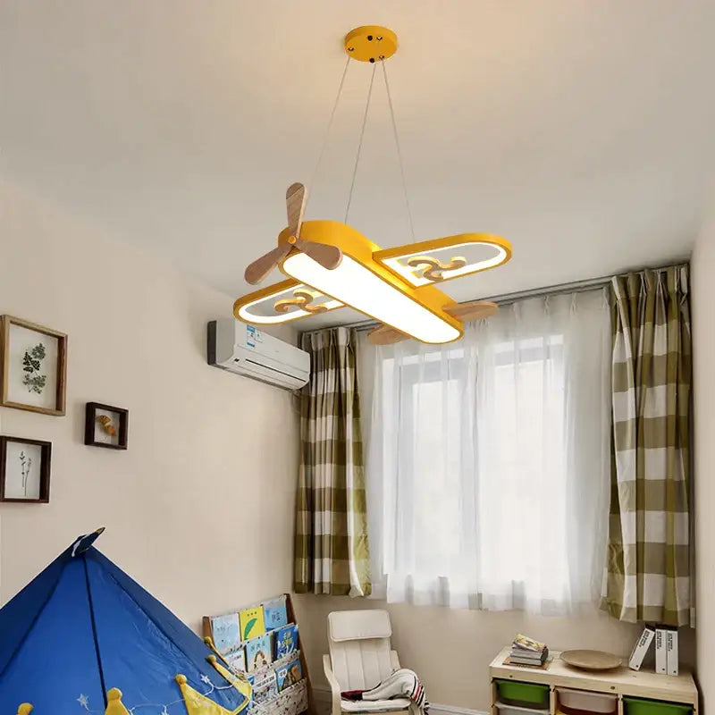 Yellow airplane-shaped decorbites led wood ceiling light with wooden propeller and illuminated wings for kids bedroom