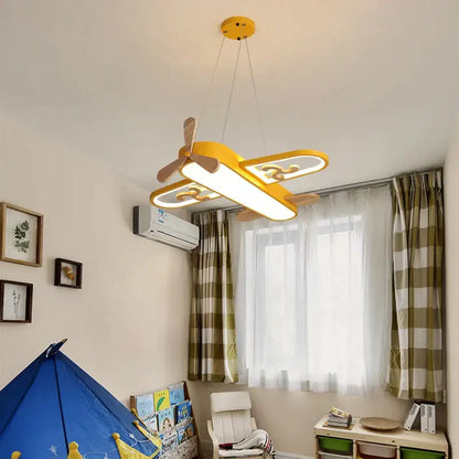 Yellow airplane-shaped decorbites led wood ceiling light with wooden propeller and illuminated wings for kids bedroom