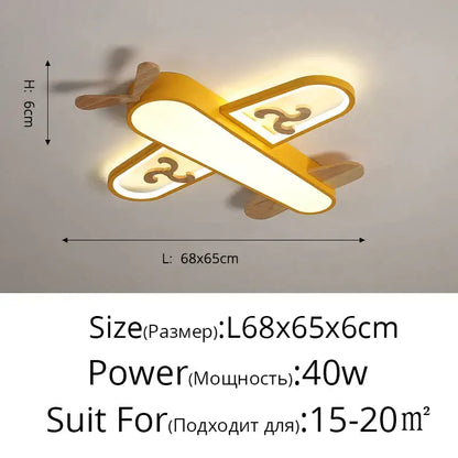 Yellow airplane-shaped ceiling light with wooden propeller and wings featuring illuminated decorbites led wood ceiling panels