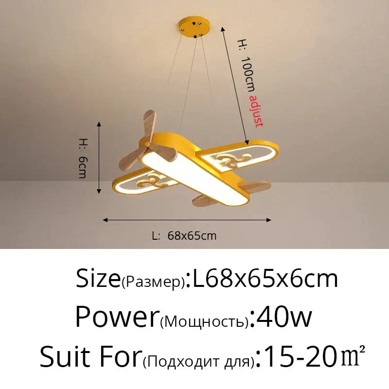 Yellow airplane-shaped led wood ceiling light with wooden propeller for kids bedroom by decorbites led wood