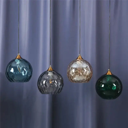 Blue and amber textured glass ball pendant led chandelier with decorbites glass ball in blue gray amber and green hues