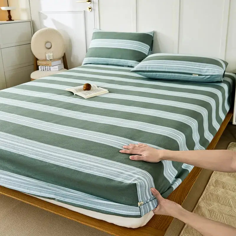 Green and white striped fitted sheet with soft textured fabric finish for decorbites coarse cotton queen bedding