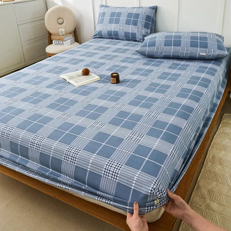 Blue and beige checkered coarse cotton queen fitted sheet with matching blue and white plaid pillowcases by decorbites coarse cotton