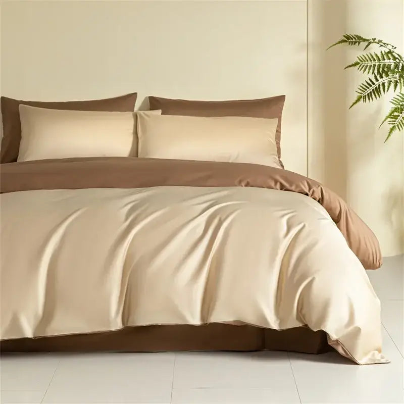 Cream-colored satin duvet cover set with brown pillowcases and bed skirt in blue and beige egyptian cotton bedding set