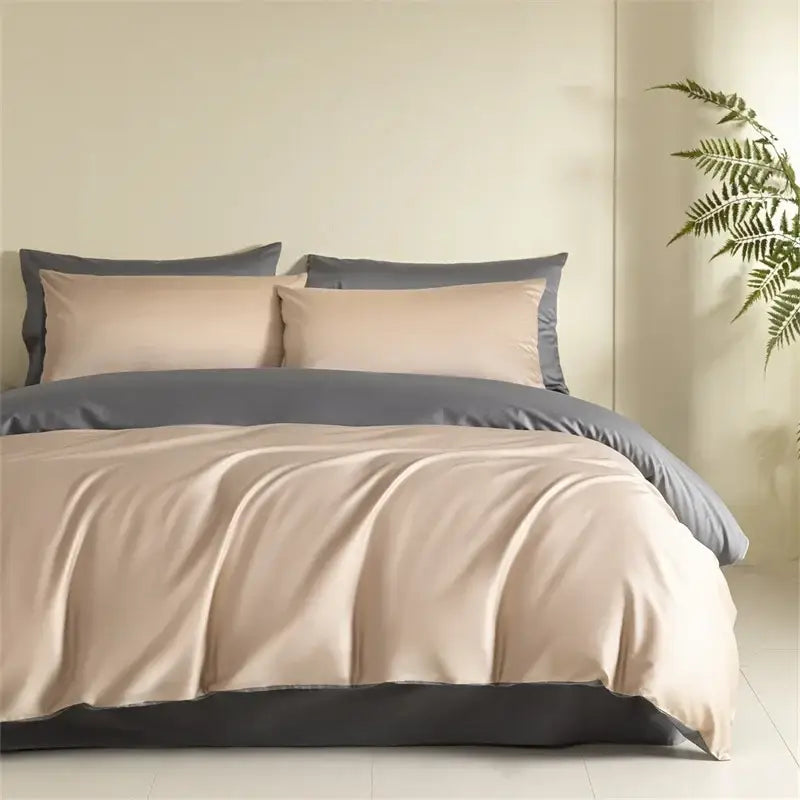 Beige and gray satin duvet in sleek modern design for blue and beige egyptian cotton bedding set
