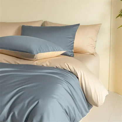 Blue and beige egyptian cotton bedding set with satin duvet cover and matching pillowcases for bedroom use