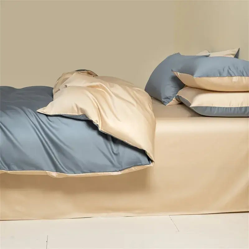 Blue and beige egyptian cotton bedding set with soft two-toned satin finish perfect for bedroom use