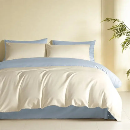 Blue and beige egyptian cotton bedding set featuring a soft cotton bedding set with creamy white and light blue piping