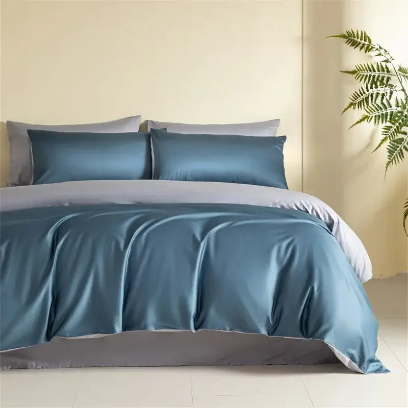Teal satin duvet cover set with gray trim in blue and beige egyptian cotton bedding set for bedroom