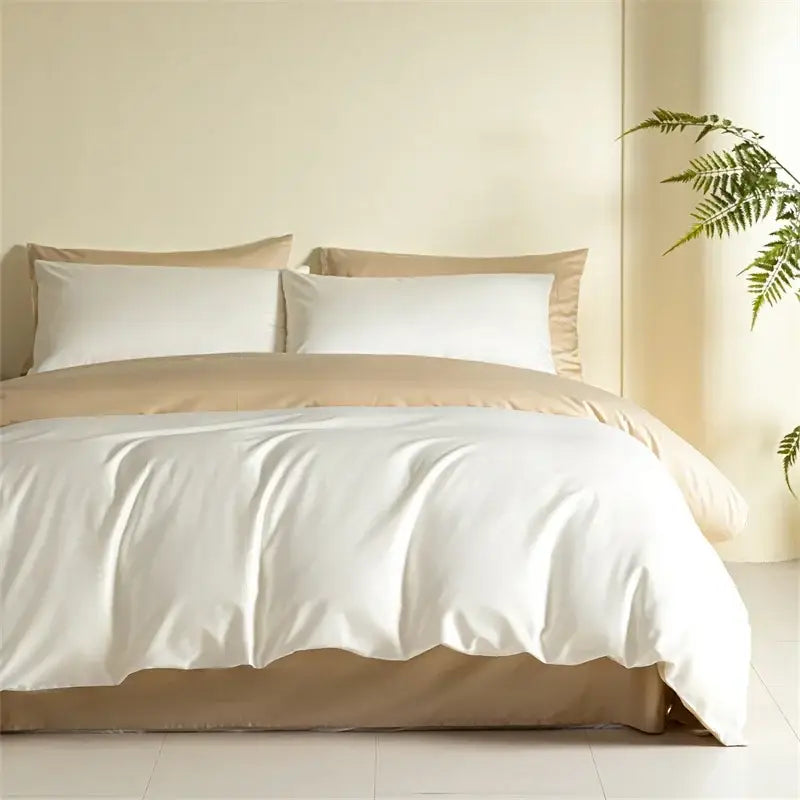 Beige and white satin duvet set with matching pillowcases in blue and beige egyptian cotton bedding set for bedroom