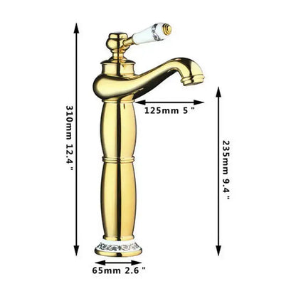 Gold-finished bathroom faucet with curved spout and white ceramic handle in blue and copper hand painted ceramic vessel sink set