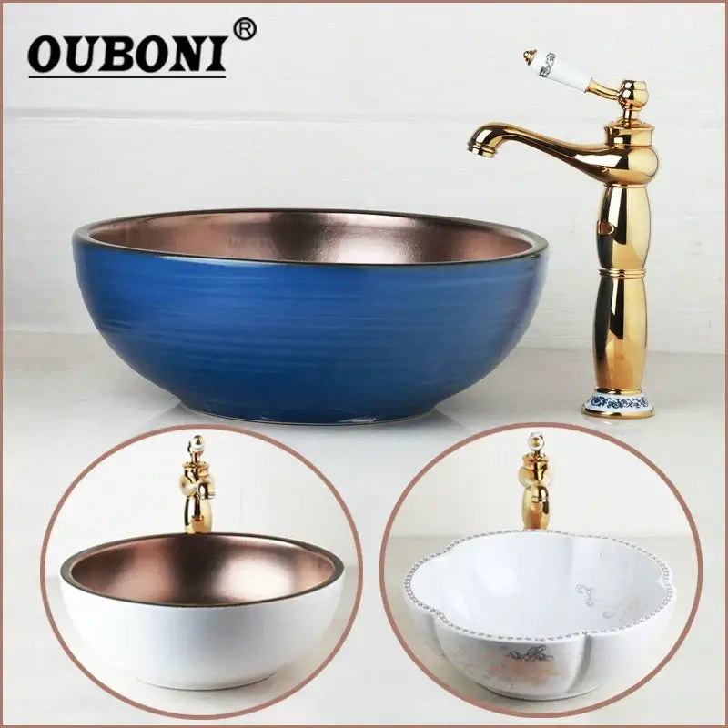 Blue and copper hand painted ceramic vessel sink set with gold-toned faucet for bathroom use