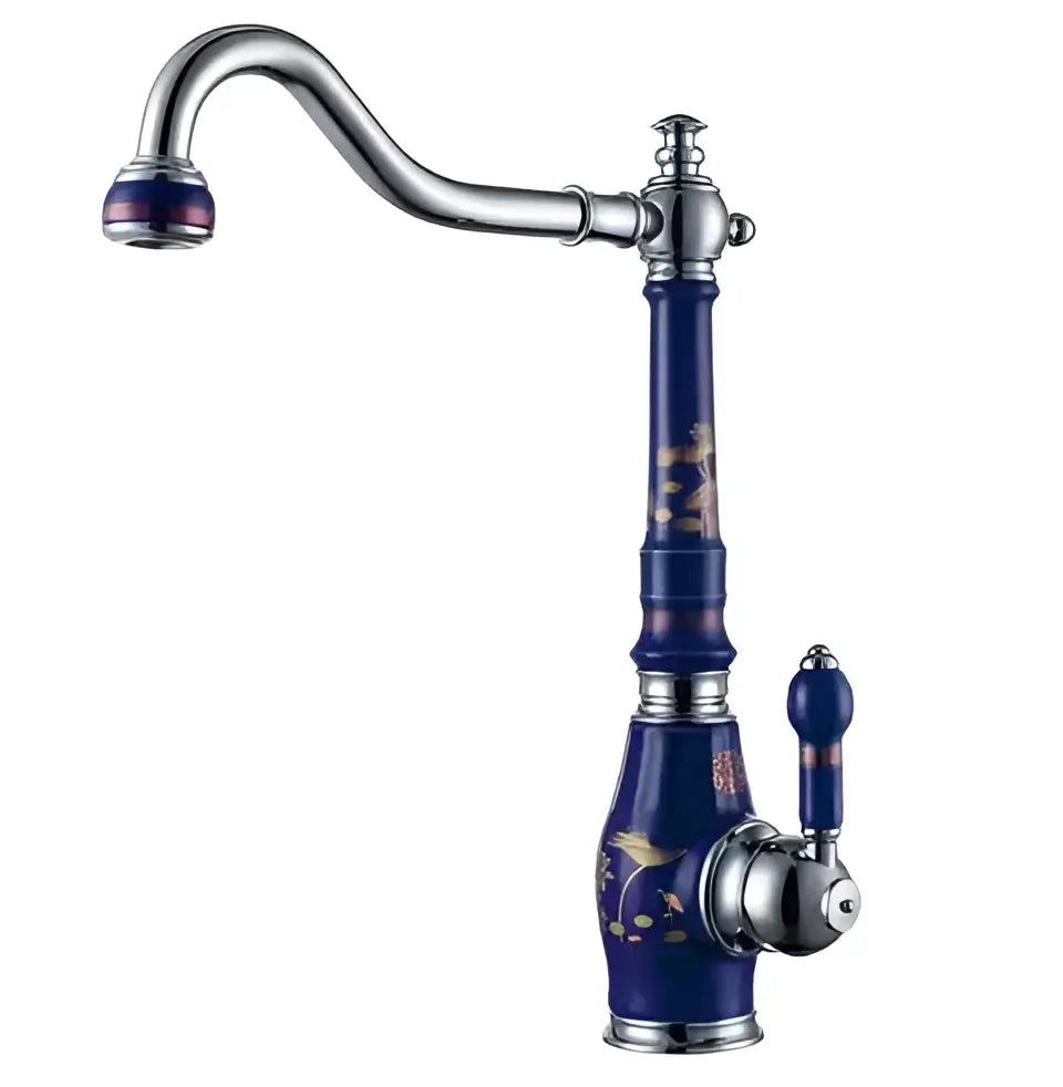 Elegant blue and gold brass porcelain kitchen faucet with bird and floral motifs chrome swivel mixer for decorbites brass porcelain