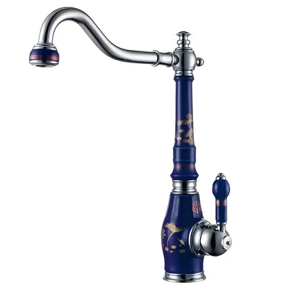 Blue and gold brass porcelain kitchen faucet with chrome swivel mixer featuring gold floral patterns and decorbites brass porcelain design