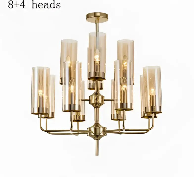 Blue and gold decorbites glass chandelier with eight cylindrical glass shades and four smaller lights for kitchen island lighting