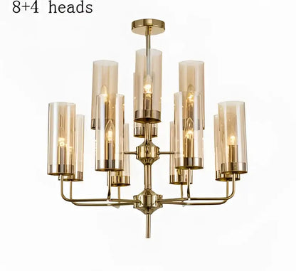 Blue and gold decorbites glass chandelier with eight cylindrical glass shades and four smaller lights for kitchen island lighting