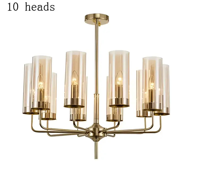 Blue and gold decorbites glass chandelier with ten cylindrical glass shades for kitchen island lighting
