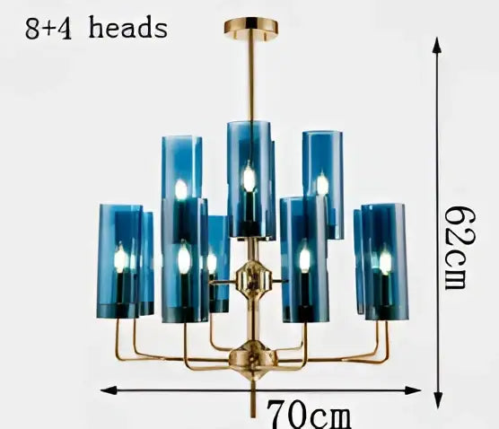 Blue and gold decorbites glass chandelier with gold-toned metal frame and central decorative element for kitchen island lighting