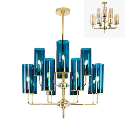 Elegant blue and gold decorbites glass chandelier with a metal frame designed as a kitchen island light fixture