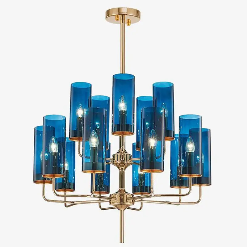 Blue and gold decorbites glass chandelier with brass accents and multiple bulbs for kitchen island lighting