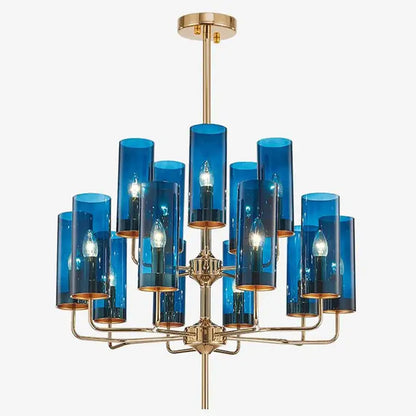 Blue and gold decorbites glass chandelier with brass accents and multiple bulbs for kitchen island lighting