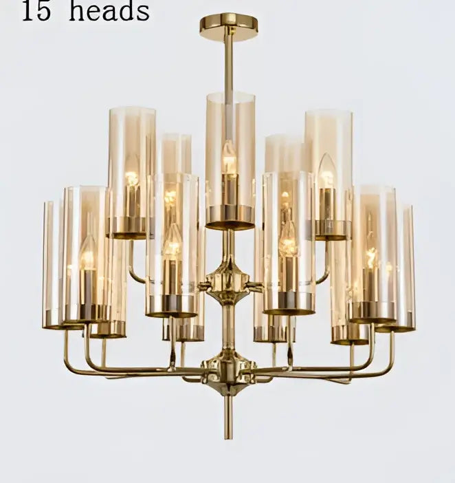 Blue and gold decorbites glass chandelier with 15 cylindrical glass shades and exposed filament bulbs for kitchen island lighting