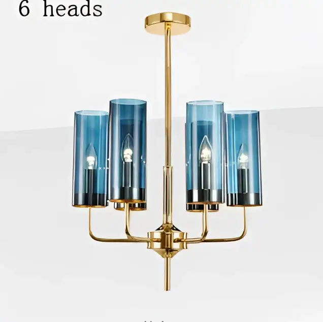 Blue and gold decorbites glass chandelier with six cylindrical shades and metal frame for kitchen island lighting