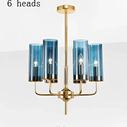 Blue and gold decorbites glass chandelier with six cylindrical shades and metal frame for kitchen island lighting