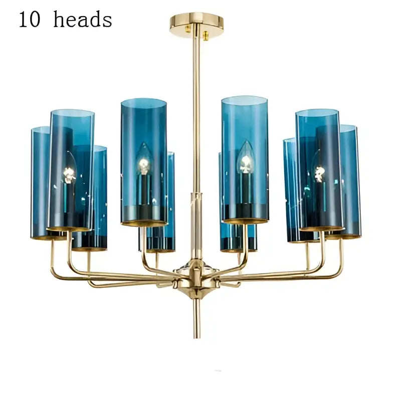 Blue and gold decorbites glass chandelier with ten cylindrical shades and metal frame for kitchen island lighting