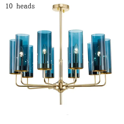 Blue and gold decorbites glass chandelier with ten cylindrical shades and metal frame for kitchen island lighting