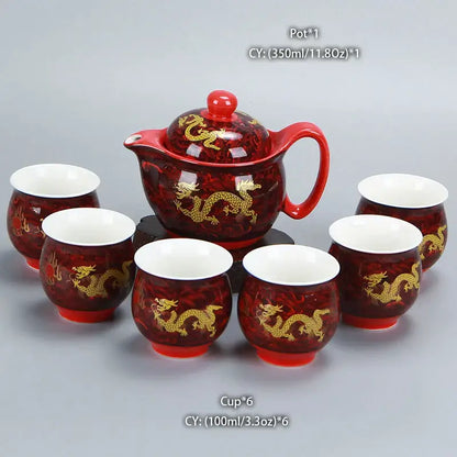 Red ceramic tea set with gold dragon motifs and matching lid for decorbites dragon teapot tea use