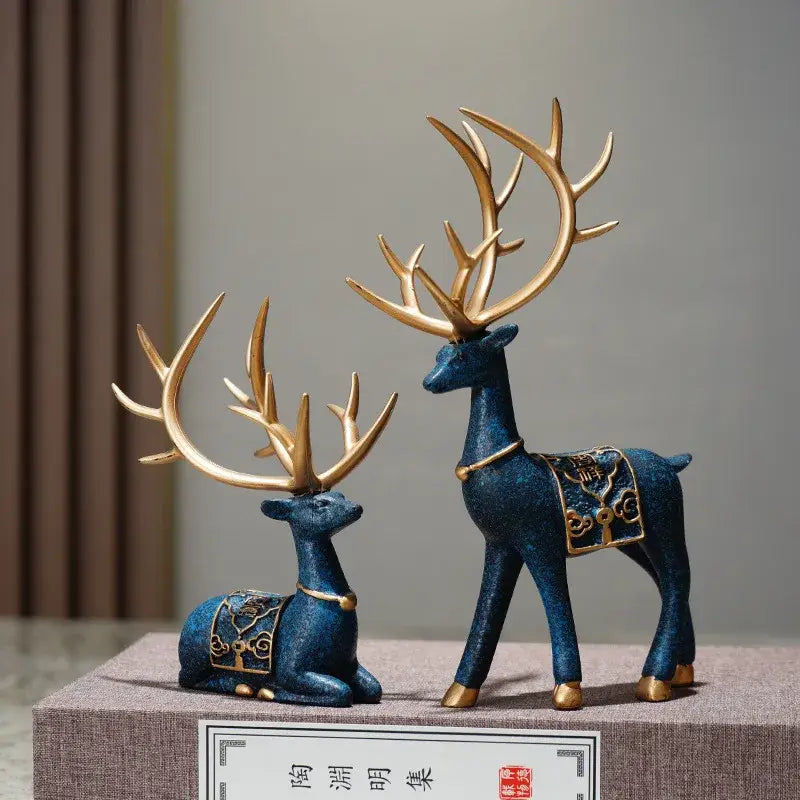 Blue resin elk reindeer decorbites deer figurine set with gold antlers and decorative harnesses for living room decor