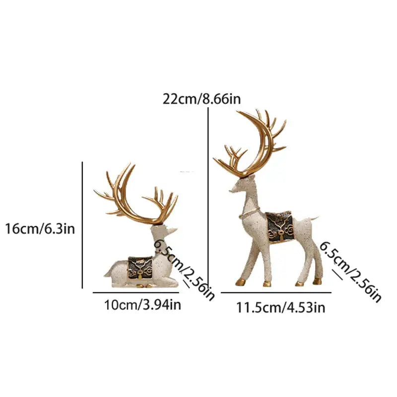 Two decorative resin elk reindeer figurines with gold antlers and black patterned saddle in a decorbites deer figurine set