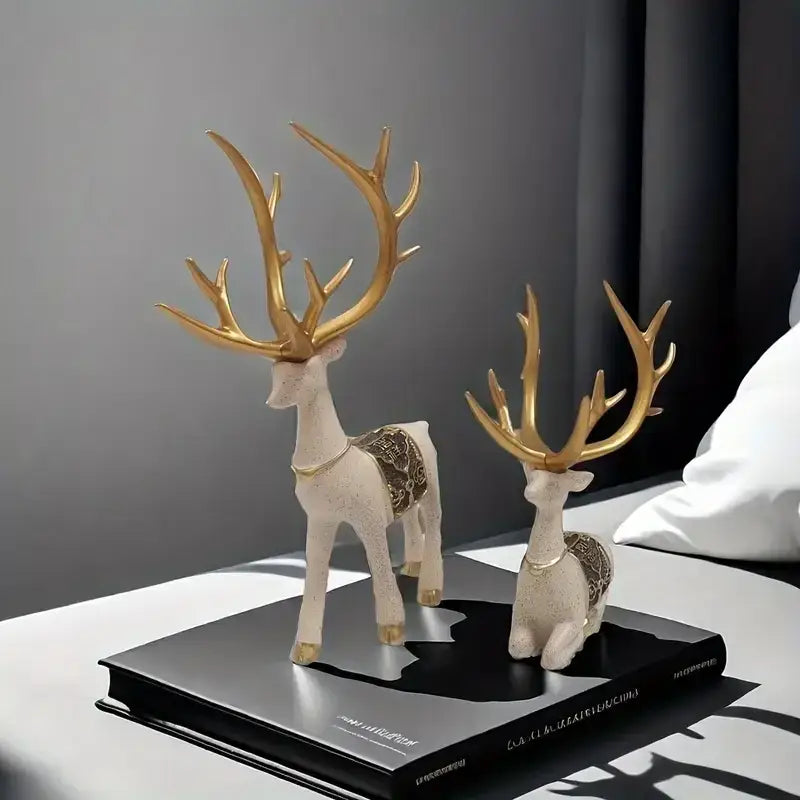 Two elegant resin elk reindeer decorbites deer figurine set with gold antlers and cream bodies for living room decor