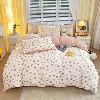 Blue and gray striped decorbites cotton single duvet cover with floral-patterned white and pink cotton single duvet set