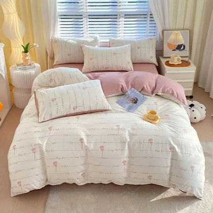 Blue and gray striped cotton single duvet cover featuring pink and white floral-patterned decorbites cotton single fabric