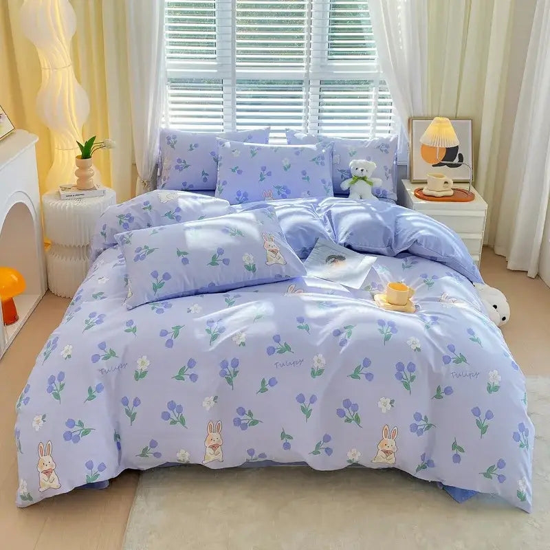 Light purple floral and bunny patterned cotton single duvet cover with soft smooth fabric for bedroom decorbites cotton single