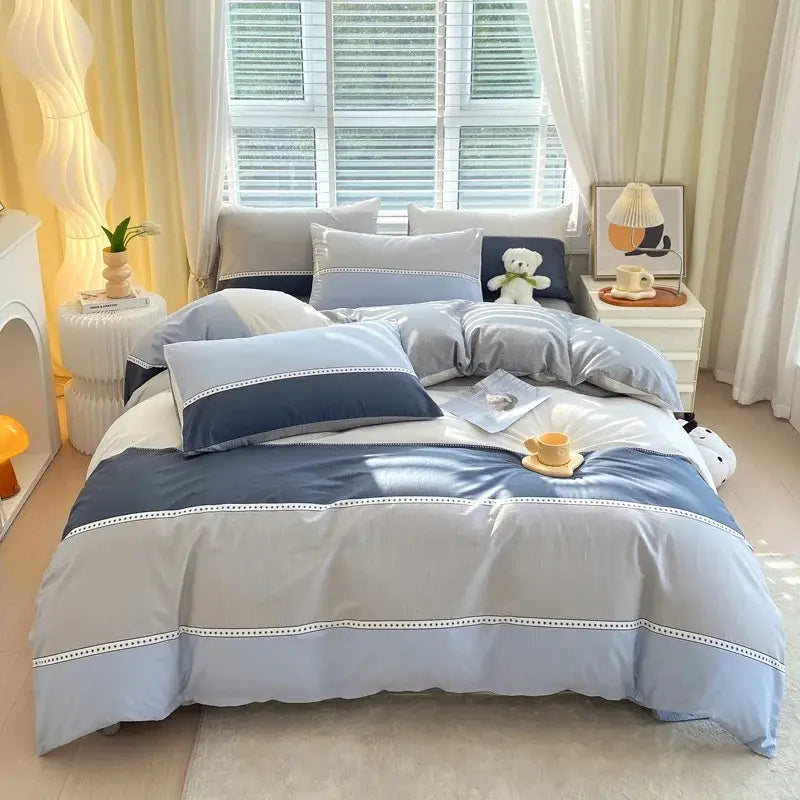 Blue and gray striped cotton single duvet cover with white dotted trim for decorbites cotton single bedroom bedding set