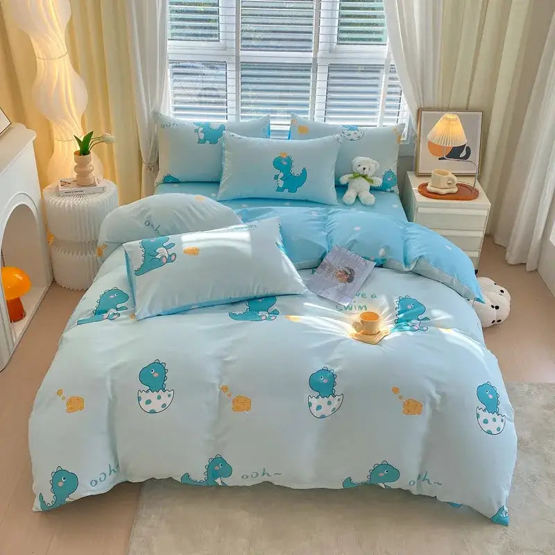 Blue and gray striped cotton single duvet cover with light blue dinosaur-themed decorbites cotton single bedding set