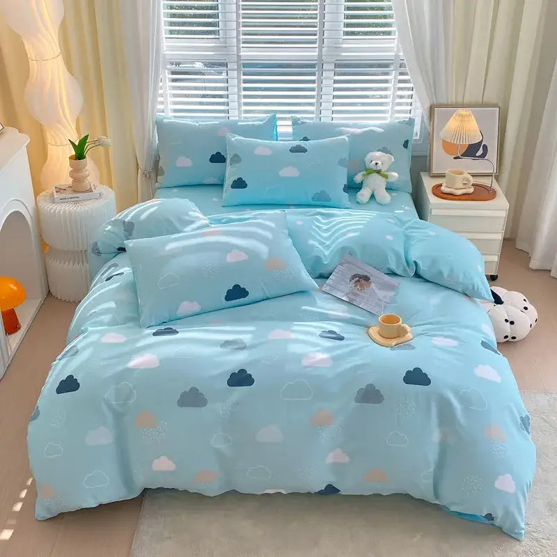 Blue and gray striped cotton single duvet cover with light blue cloud patterned decorbites cotton single bedding set