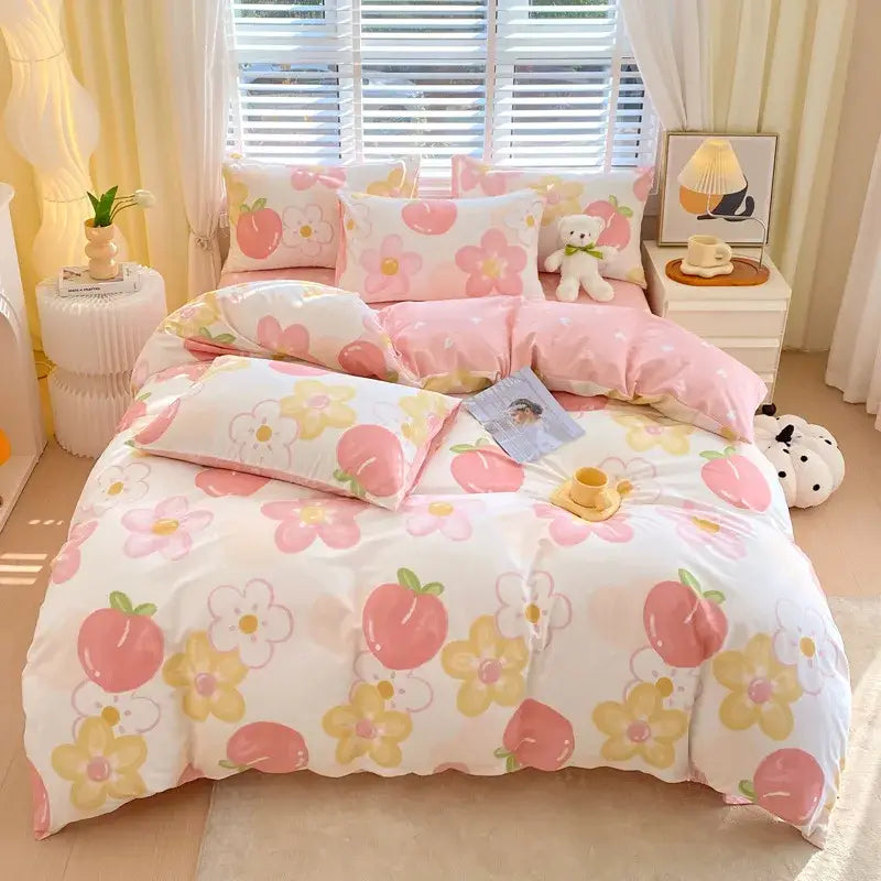 Blue and gray striped cotton single duvet cover with pink and yellow peach and flower patterned bedding set decorbites cotton single duvet
