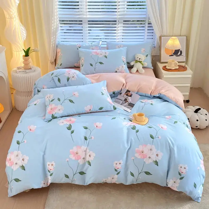 Blue and gray striped decorbites cotton single duvet cover with light blue floral pink blossoms on soft cotton fabric