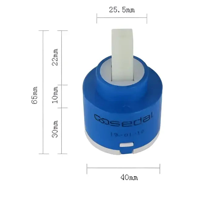 Blue and white ceramic cartridge faucet mixer with a ceramic cartridge, plastic stem, and metallic base for kitchen use