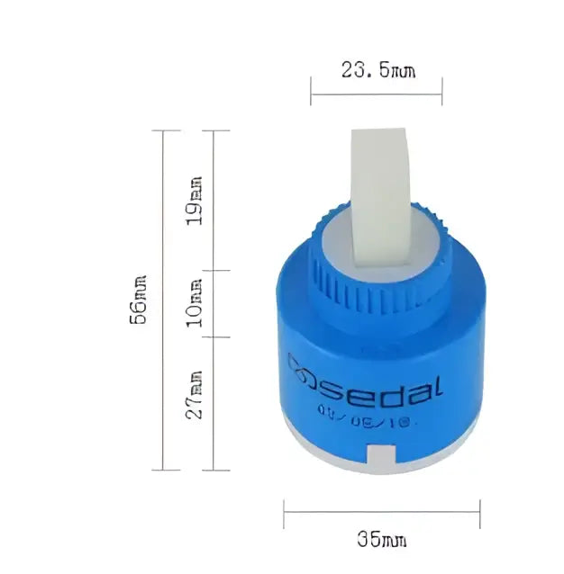 Blue and white ceramic cartridge faucet mixer spindle with blue plastic handle and white ceramic knob with engraved brand name