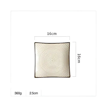 Woven tray with textured concentric circles in off-white and dark brown displayed alongside porcelain square dinner plate