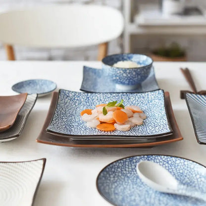 Blue and white crackle glaze porcelain square dinner plate with brown wooden rims ideal for dining room use